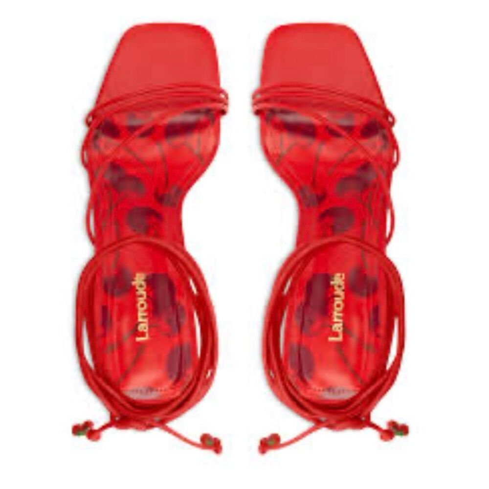 Larroude red cherry print strappy sandals with a square toe. Lace-Up Sandals 6.5